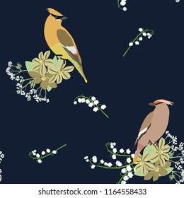 Vector seamless illustration with bird waxwings, flowers clematis and lily of the valley on a dark background. For decorating textiles, packaging and wallpaper.