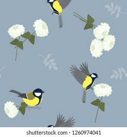 Vector seamless illustration with birds titmouse and chrysanthemums on a blue background. For decorating textiles, packaging, web design.