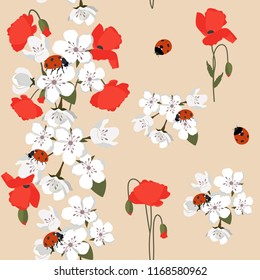 Vector seamless illustration with blooming sakura, poppies and ladybirds on a beige background. For decorating textiles, packaging and wallpaper.