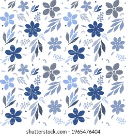 Vector seamless illustration with blue floral pattern on a white background with old vintage texture. Beautiful fabric design, packaging, paper.