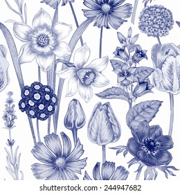 Vector seamless illustration of a bouquet of flowers on a white background. Floral ornament. Narcissus, tulip, anemone, bluebell, Cosmos bipinnatus, primrose, lavender. Vector.