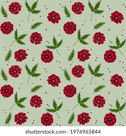 Vector seamless illustration with bright poppies with seeds - dots and green leaves on a light background. Cute floral pattern design.