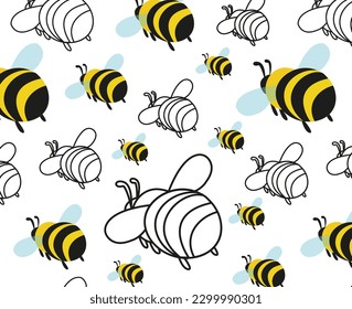 vector seamless illustration, bumblebee coloring book. cute seamless coloring, swarm of bees