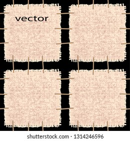 Vector Seamless Illustration Of Canvas Stitched By Vintage Rope With Frayed Edges, A Piece Of Fabric On The Ropes Attached To The Country Style Wall