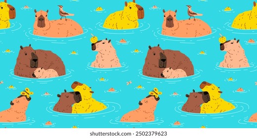 Vector seamless illustration of a capybara in different poses swimming in the water. Cute children's characters are perfect for fabric, wallpaper or wrapping paper design. Flat style.