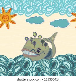 A vector seamless  illustration of cartoon funny whale out at sea. 