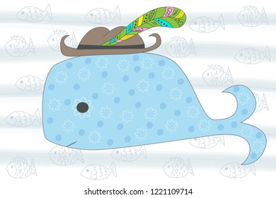 Vector seamless illustration of cartoon whale. Sea illustration. T-shirt graphics for kids. Vector illustration.