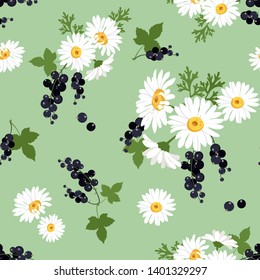 Vector seamless illustration with chamomile and black currant berries on a green background. For decorating textiles. packaging, web design.