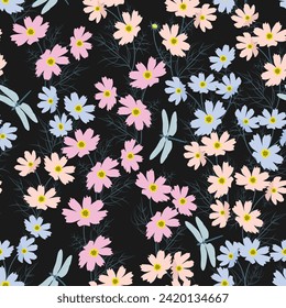 Vector seamless illustration with chamomile flowers and dragonflies on a black background. For decoration of textiles, packaging, wallpaper.