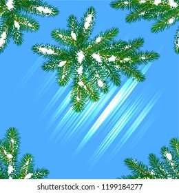 Vector seamless illustration of a Christmas tree branch on a blue winter ice background for packaging printing on fabric and Wallpaper.