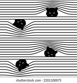 Vector seamless illustration. Combined pattern in the form of a cat and horizontal stripes,