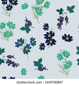 Vector seamless illustration with cosme flowers and berries on a blue background. For decoration of textiles, packaging, wallpaper.