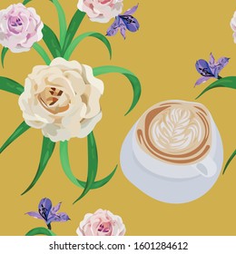 Vector seamless illustration a cup of cappuccino coffee with flowers bouquet roses on yellow background. Fashion textile print fabric repeat floral pattern, mobile wallpaper.