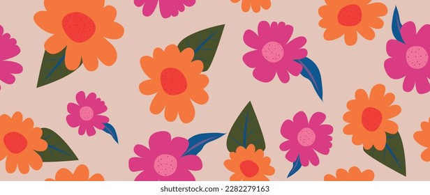 Vector seamless illustration. Cute colored flowers with leaves. Modern spring pattern. Trendy template for design. Perfect for screensaver, poster, card, invitation or home decor.