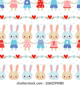 Vector seamless illustration with cute hares in cartoon style. Background picture with animals in a children's style.