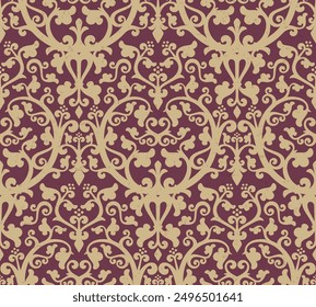 Vector seamless illustration depicting an intricate ornate pattern in baroque style. Repeating floral motifs in beige on a maroon background. Elegant and sophisticated, evoking a sense of wealth.