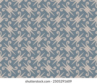 Ilustración de Vector sin fisuras que representa un intrincado patrón ornamentado en estilo barroco. Repitiendo motivos florales en beige sobre fondo azul. Elegante y sofisticado, evocando una sensación de riqueza