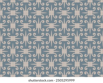 Ilustración de Vector sin fisuras que representa un intrincado patrón ornamentado en estilo barroco. Repitiendo motivos florales en beige sobre fondo azul. Elegante y sofisticado, evocando una sensación de riqueza