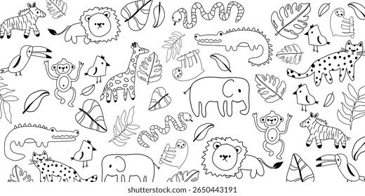 Vector seamless illustration of different animals and plants, black outline and white background, cartoon hand drawing style