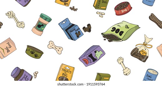 Vector Seamless Illustration With Dog Food. Color Image With Food And Treats For Dogs. Isolated Images With A Dog Bone And A Bowl Of Food.