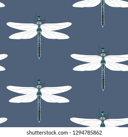 Vector seamless illustration with dragonflies on a dark background. For decorating textiles, packaging, web design.