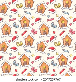 Vektornahtlose Illustration mit einer Zeichnung zum Thema Neujahr, Hintergrund Neujahr, Lebkuchenhaus, Weihnachten, Weihnachtsmütze, Süßigkeiten. Design für Gewebe, Druck, Umhüllung oder Druck