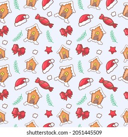 Vector seamless illustration with a drawing on a New Year's theme, background new year, gingerbread house, Christmas, Christmas Eve, Santa Claus hat, bow, candy. Design for fabric, printing, packaging