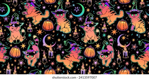 Vector seamless illustration. Drawn colorful cats in hats and pumpkins