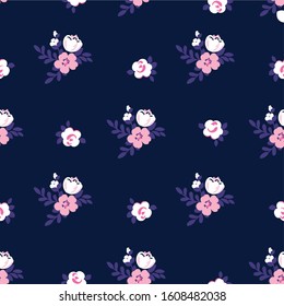 Vector seamless illustration of floral pattern with cute cartoon bouquets of flowers isolated on dark blue background, endless texture for wrapping paper, fashion design, fabric, drawn with a tablet