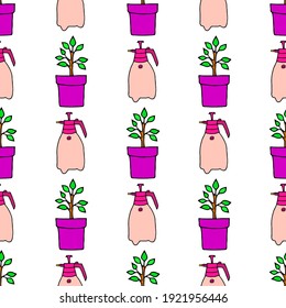 Vector seamless illustration with flowerpots and sprayers on a white background.
