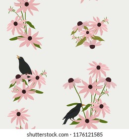 Vector seamless illustration with flowers of echinacea and starling. For decorating textiles, packaging and wallpaper.
