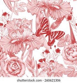 Vector seamless illustration of flowers on a white background. Floral ornament. Design for fabrics, textiles, paper, wallpaper, Internet. Victorian style. Roses, butterflies and irises.