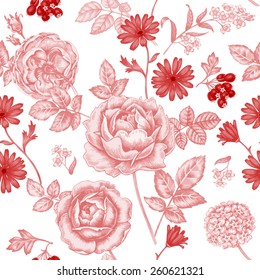 Vector seamless illustration of flowers on a white background. Floral ornament. Design for fabrics, textiles, paper, wallpaper, Internet. Victorian style. Roses. 