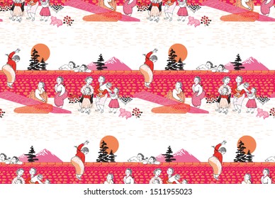 Vector seamless illustration of girls playing Korean traditional game and the town people enjoying watching them. The modern design of Korea. Design for fabric, web design, print project, and rapping