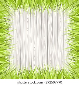 Vector seamless illustration of green grass and wooden fence , Wood wall with green grass. Vector illustration. 