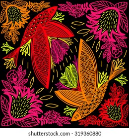 Vector seamless illustration with hand drawn with fish with wings and flowers. Colorful sketch for print scarf.