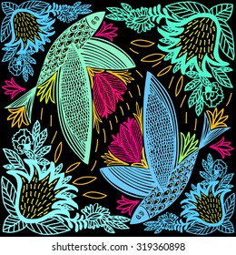 Vector seamless illustration with hand drawn with fish with wings and flowers. Colorful sketch for print scarf.