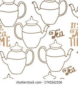 
Vector seamless illustration with the image of a teapot using white and brown colors.