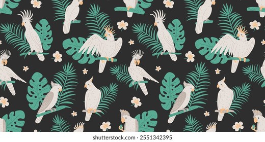 Vector seamless illustration with the image of white cockatoo parrots on a black background with green tropical leaves. Exotic birds for wallpaper, paper or textile. Flat cartoon style.