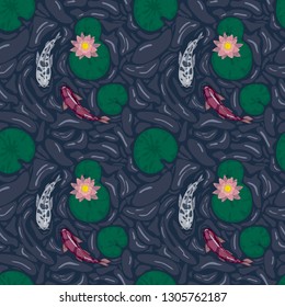 vector seamless illustration, koi carps in a pond with pink lilies and green leaves