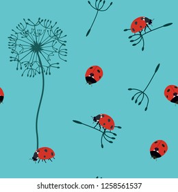 Vector seamless illustration with ladybugs and dandelion on a turquoise background. For decorating textiles, packaging, web design.