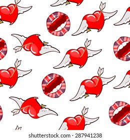 Vector seamless illustration of the lips, the color under the American flag with hearts.