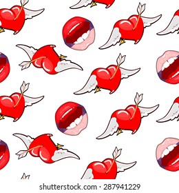 Vector seamless illustration, lips painted under the flag of Russia with flying hearts.