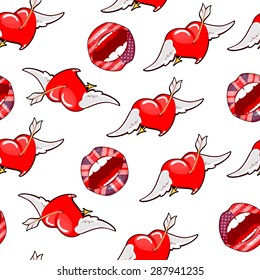 Vector seamless illustration, lips painted under the American flag with hearts.
