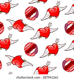 Vector seamless illustration, lips painted under the American flag with flying hearts.