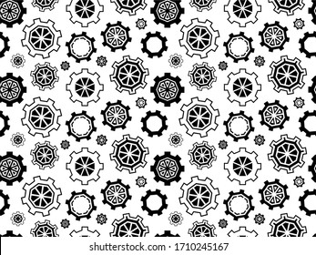 Vector seamless illustration of mechanisms. Gear icons. Mechanical background. Toothed silhouettes of gears. Watches, mechanisms, devices, tools, technologies, wheels. Abstract creative gears and cogs