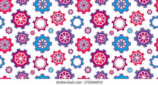 Vector seamless illustration of mechanisms. Gear icons. Mechanical background. Toothed silhouettes of gears. Watches, mechanisms, devices, tools, technologies, wheels. Abstract creative gears and cogs