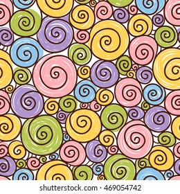 Vector seamless illustration with multi-colored snails of different sizes. Funny pattern with spirals on a white background.
