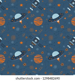 Vector seamless illustration on the theme of space travel and adventure. Hand drawing doodle pattern. The Milky Way, galaxy, rocket, ufo, astronaut, space satellite and stars. Image for t-shirt, greet