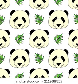 Vector seamless illustration with pandas on a white background.